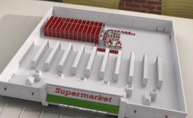 Model of a Takeoff micro fulfillment center in the back of a computer-generated model of a grocery store.